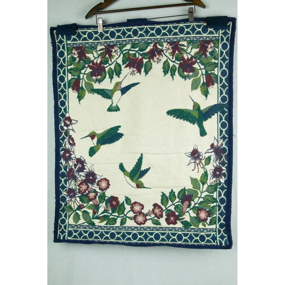 Vintage Woven Hummingbird Tapestry Wall Hanging Floral Nature Decor Cream Blue